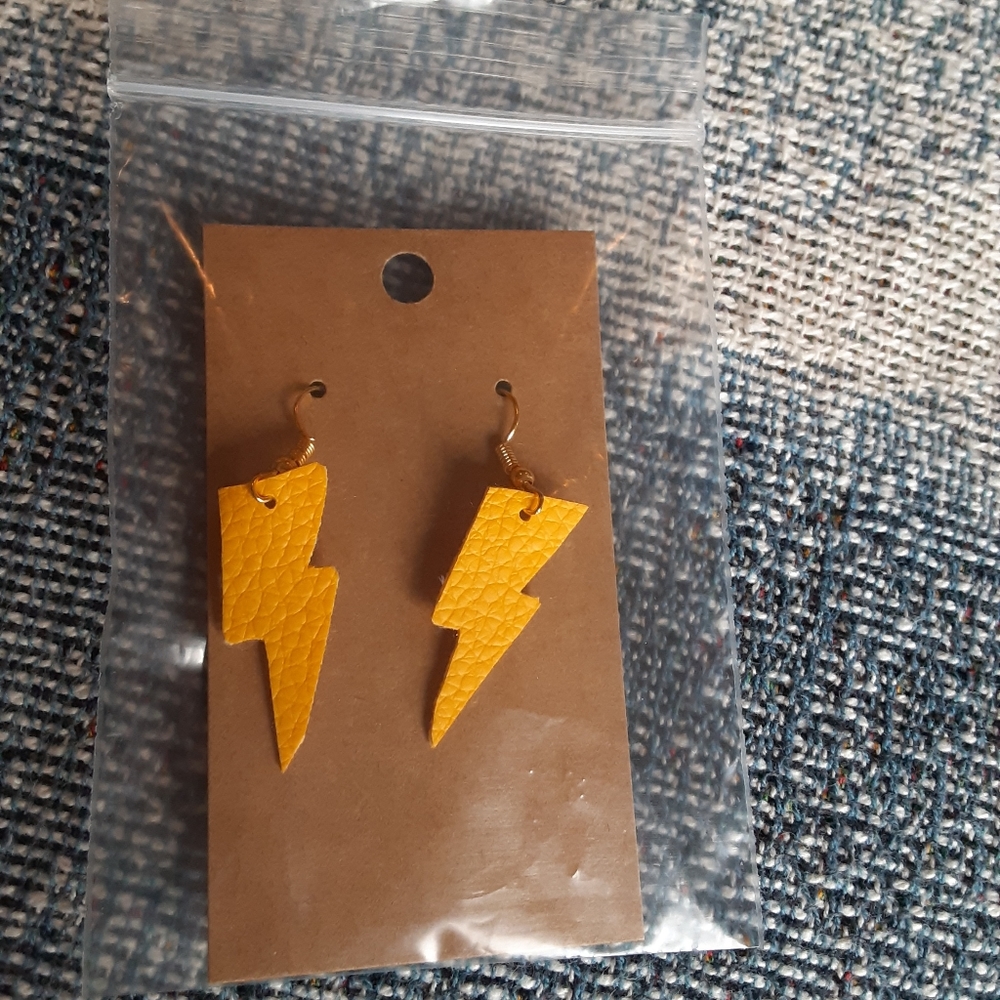 Yellow Lightning Bolt Faux Leather Earrings - Picture 3 of 3